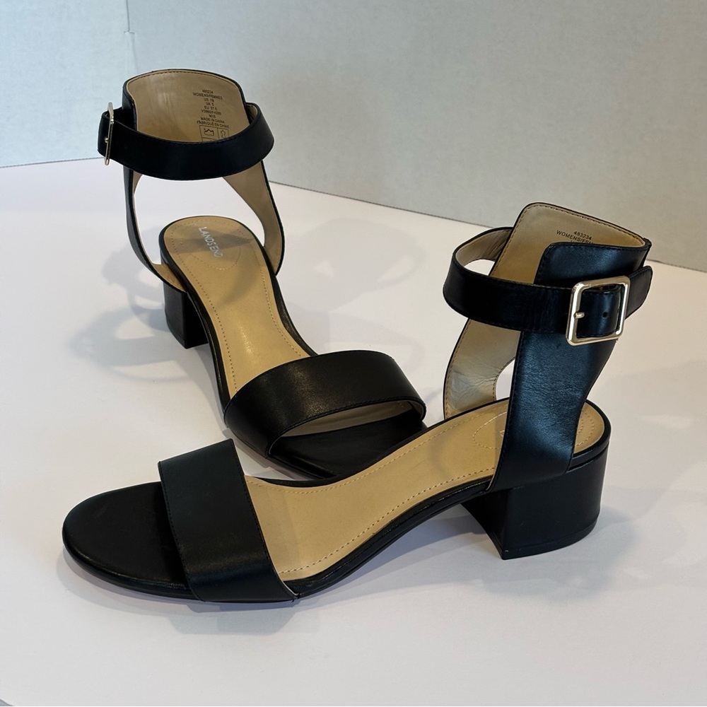 Lands' End Women's Black Ankle Strap Block Heel Sandals SZ 7B
